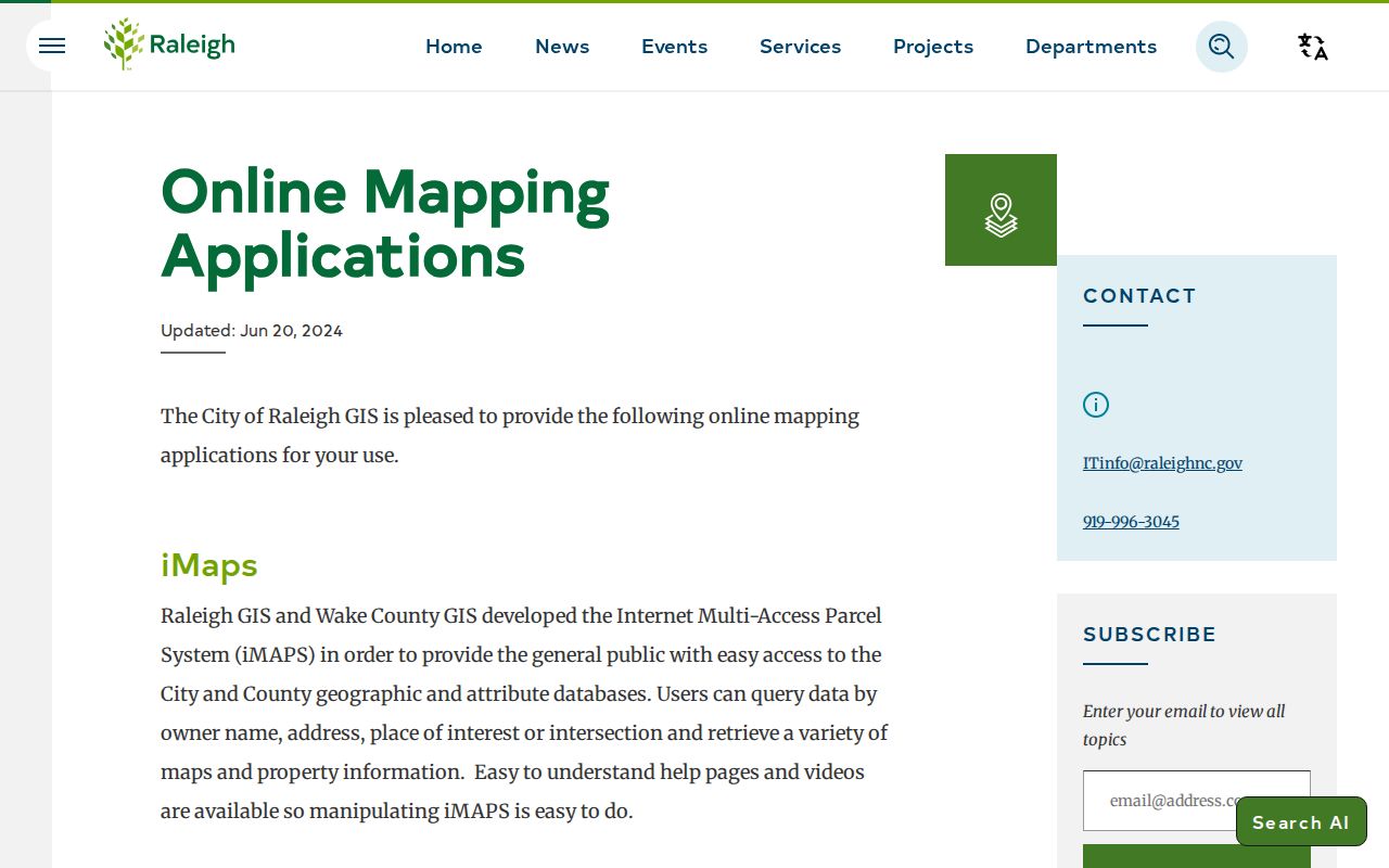 Raleigh residents directory source showing the city online mapping applications