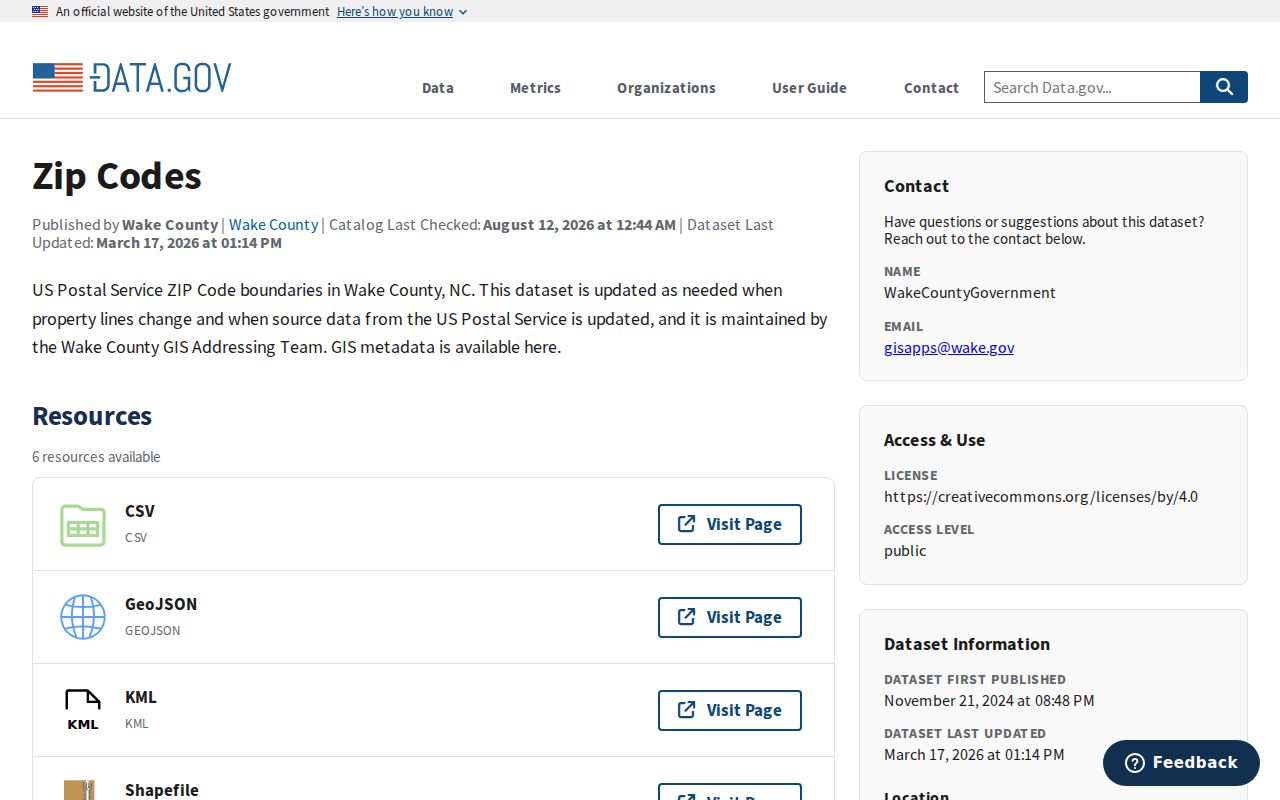 Raleigh ZIP code directory reference showing the Wake GIS ZIP Codes dataset metadata