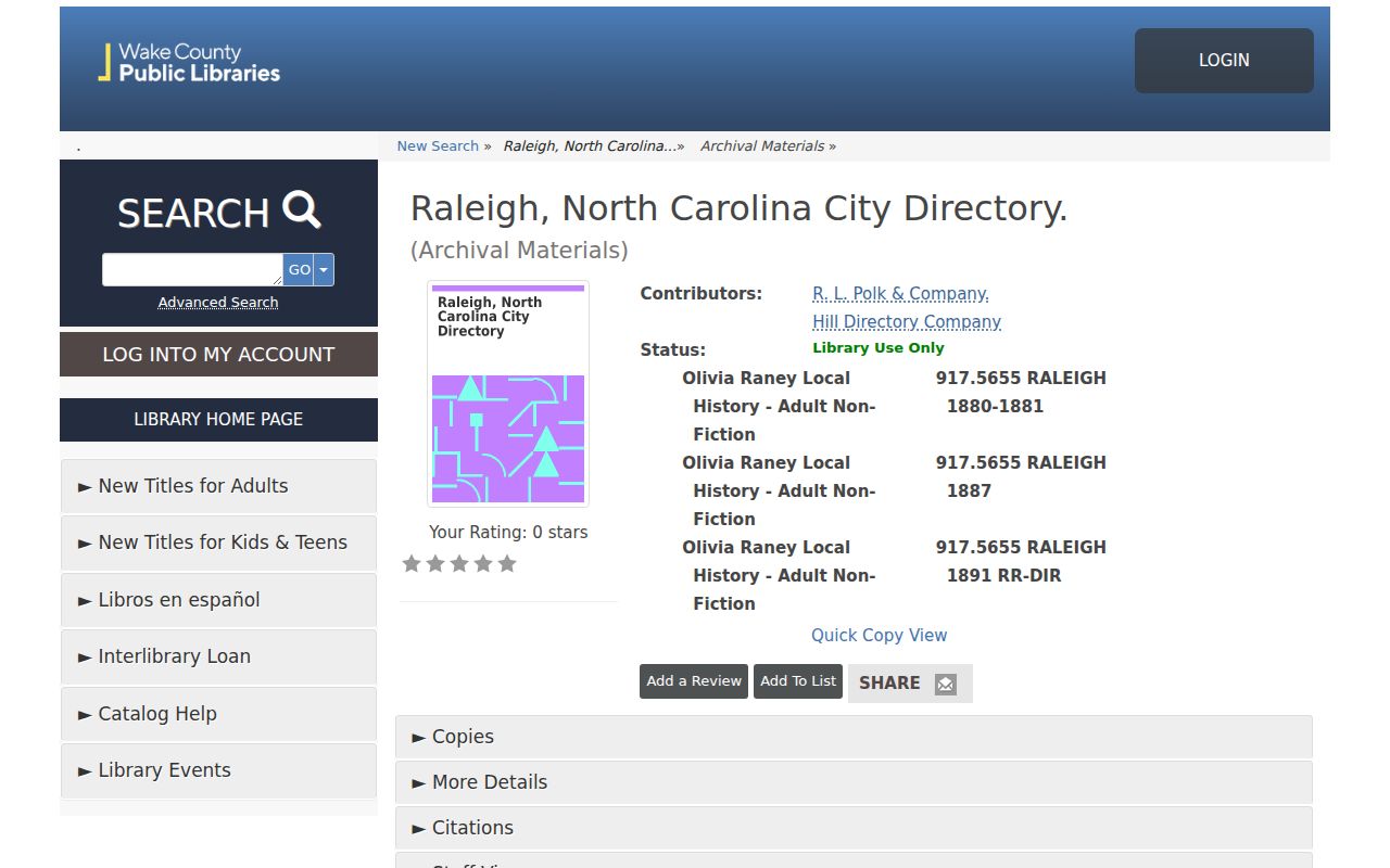 Raleigh city directory listing in the Wake Public Libraries catalog